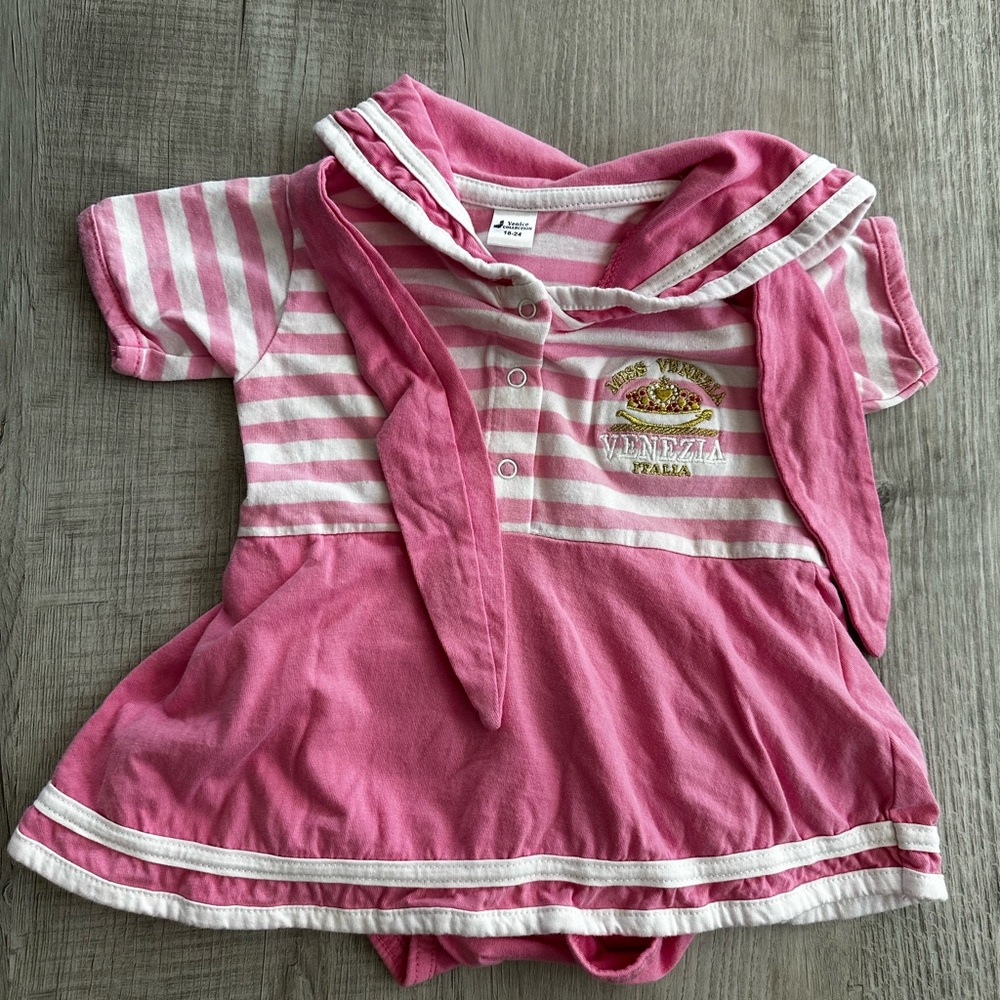 Pink and White Striped Sailor Dress- onesie  Miss Venezia 12-18 months